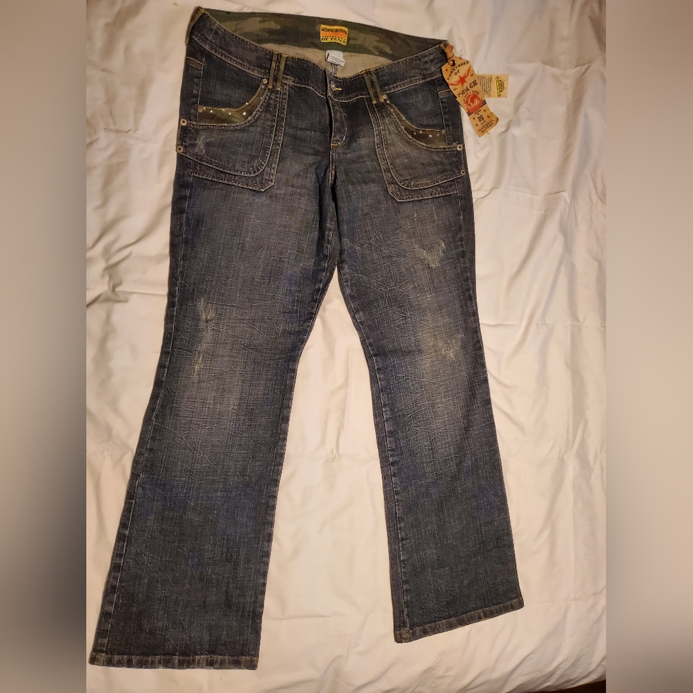 NWT - Department Of Peace Distress Embellished Bootcut Jeans Bling /Camo-Size 14